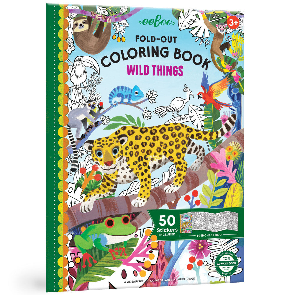 eeBoo: Fold Out Coloring Book - Wild Things - w/ 50 Shiny Stickers, Kids Ages 3+